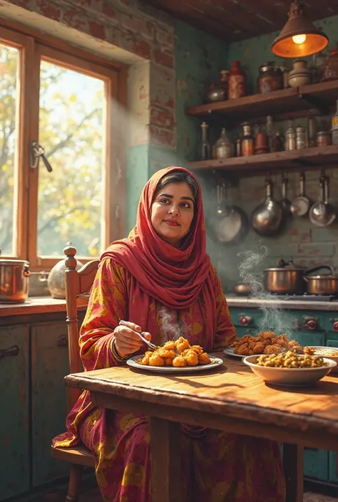 A faty Muslim women eating pakoras and samosas in kitchen 