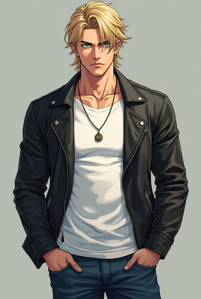 un homme de 20 ans, musclé, cheveux blonds, yeux verts, portant un t-shirt blanc, veste en cuir noir, un jeans bleu, un pendentif au niveaux du cou, a un air sérieux mais relaxé, style anime 