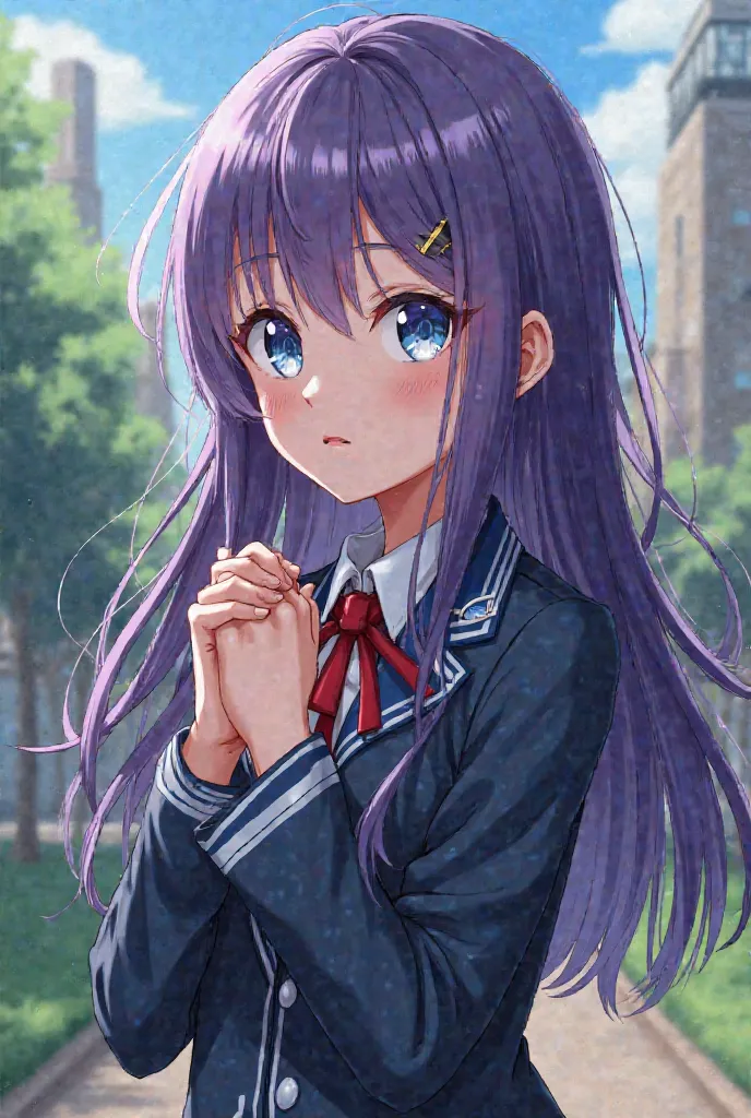 Create an image of a Boku no hero style girl in the ua school uniform with long purple hair with bangs and very light blue eyes highlighted with folded hands purple hair highlights 