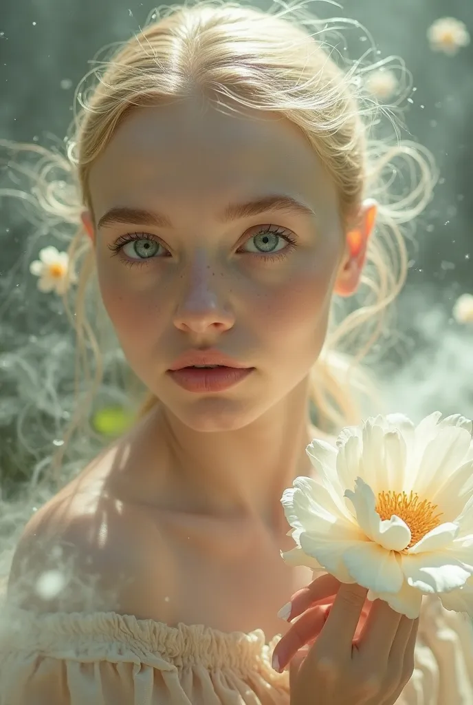 Surrealistic fashion photo of a young beautiful blonde girl with clear light eyes. Her hair is sleek and slicked back, emphasizing her graceful facial features. In her hand she holds a delicate flower, giving the composition an organic and poetic feel. The...