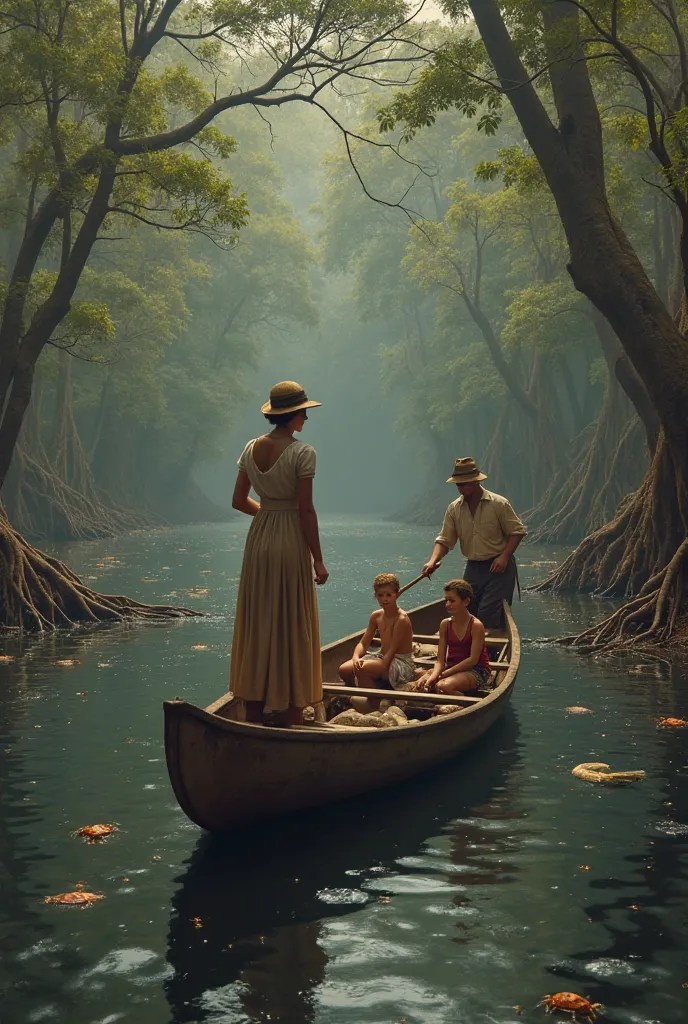 Make a woman in an old dress, 1940s, With a baby inside a canoe. she has to be in front. In the same canoe, coloque outras crianças e dois homens com roupas  dos 1940s. One of them, standing up guiding the canoe in the middle of a river with dark water. on...