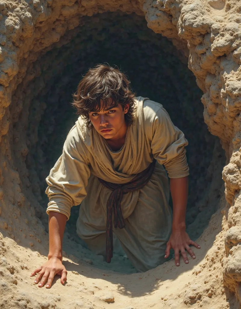 Joseph,  as a ager , pushed in a hole with clothes from biblical times 
