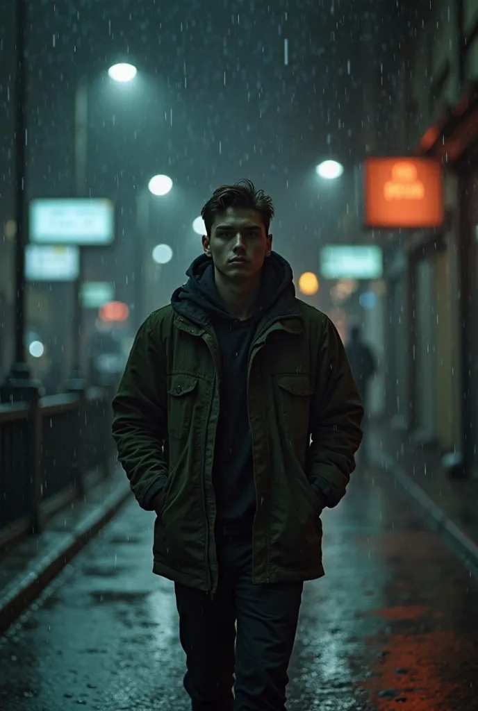 A young man, 25 years old, walking alone in a dark, rainy city at night, wearing a worn-out jacket, looking tired but determined, cinematic lighting, realistic style, muted colors, urban atmosphere, suspenseful mood --v 5 --ar 16:9