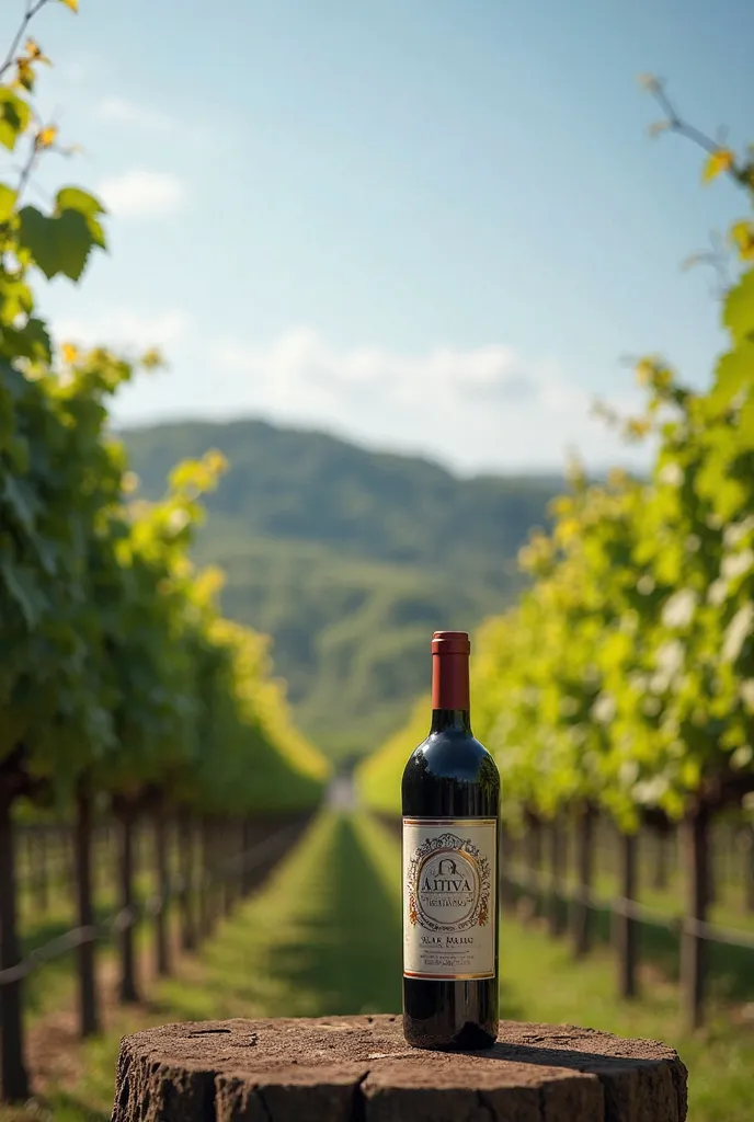 Generate an image where you can see a vineyard in the background and forward a bottle of wine bearing the name in the middle of Altiva vineyards