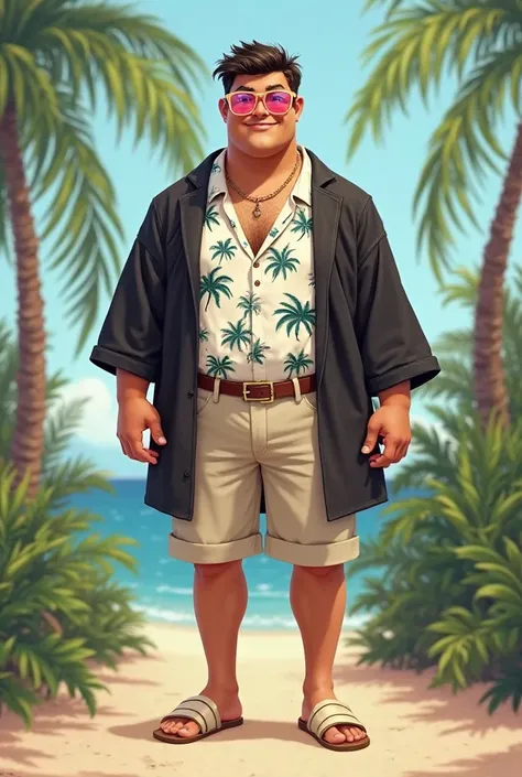 The plump tanned young man wore a white Hawaiian shirt with a coconut tree print with a black haori, then wore beige trousers with cream sandals and pink glasses.