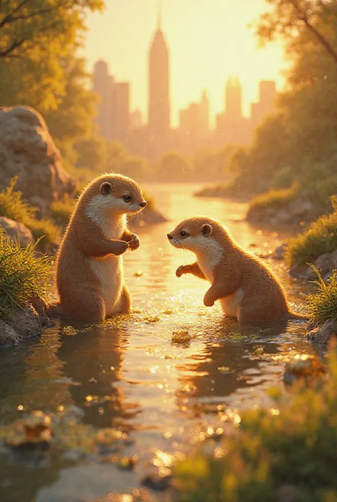 Golden otters live near lakes and rivers near the city. Features like hyenas they fight like nimble kangaroos and love all things golden swim in gold
