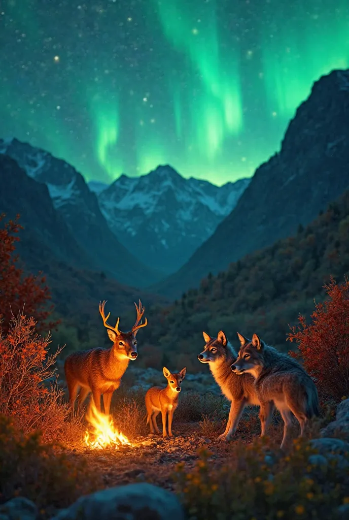 A cinematic, professional night scene in an autumn mountain valley under a glowing aurora borealis. On the left side, prominently in the foreground, a frightened mother deer and her small fawn huddle close together, their wide, fearful eyes reflecting the ...