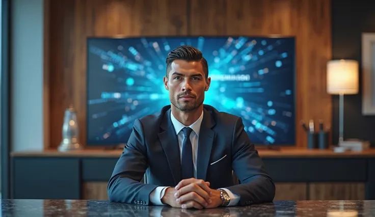 CRISTIANO RONALDO AND HIS INVESTMENTS SITTING IN AN OFFICE WITH A DIGITAL SCREEN 