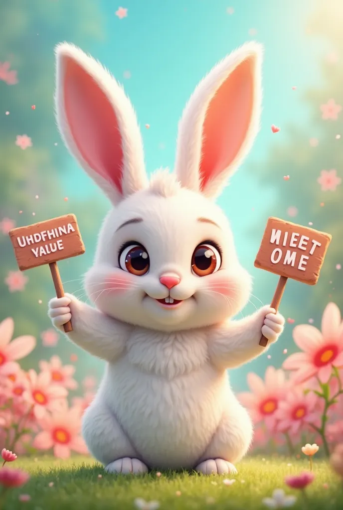 A cute bunny，Holding ang9 text signs