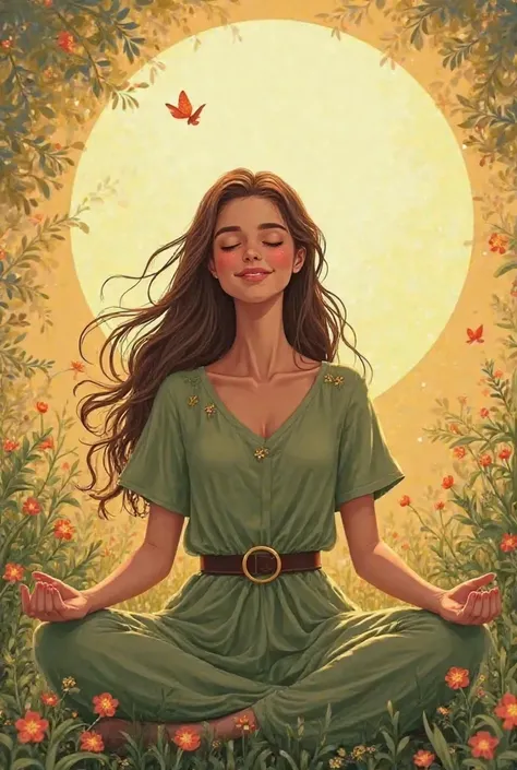 :

“Illustration dune jeune fille assise en position de méditation dans un environnement naturel paisible. She is wearing a flowing green dress, She wears a slight smile on her lips {x} The background is bathed in soft golden light {x} arched at the waist ...