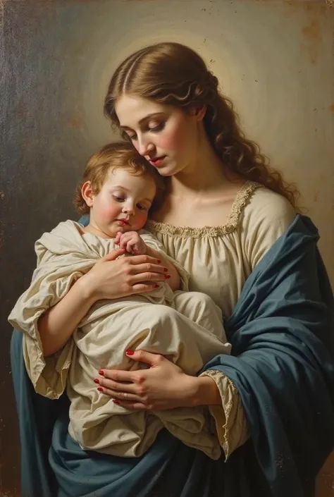  An oil painting of the Virgin Mary holding the baby Jesus at the age of two 