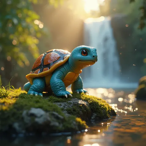 A hyper-realistic, cinematic scene of Squirtle standing on a mossy rock in the middle of a cascading tropical waterfall, its shell glistening with water droplets under golden hour lighting. Shot with an Arri Alexa LF and a Zeiss Master Prime 50mm lens at f...