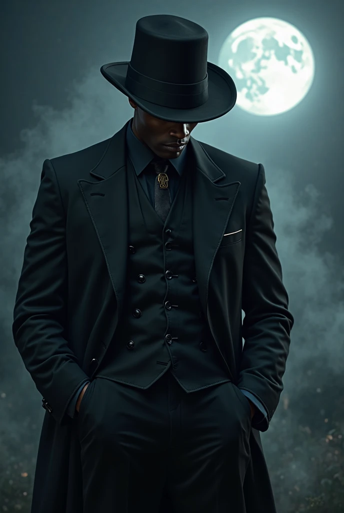 black man,  black suit, With a black top hat, man looking down, night, moon in the sky, mist