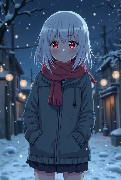  as night falls ，A girl with white hair and red eyes，Yukinoshita Yukino i (My Youth Romantic Comedy SNAFU)，with a sad expression，Standing on the Snow Anime Style，Anime Aesthetics， dark vibe ，Background of details， positive perspective ，Symmetrical composit...