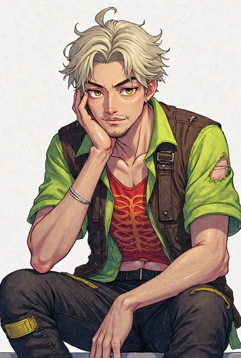 Create a male character illustration in a semi-realistic anime style with soft shading and clean line art, similar to modern Japanese manga aesthetics. The color palette should be subtle and harmonious, with a mix of muted and vibrant tones to enhance dept...