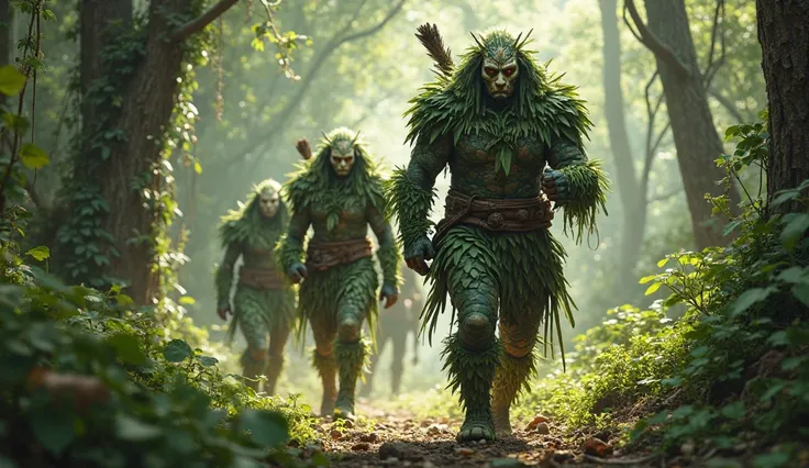 Camouflaged forest warriors, wearing leaf armor and green-painted faces, move silently through the shadows.