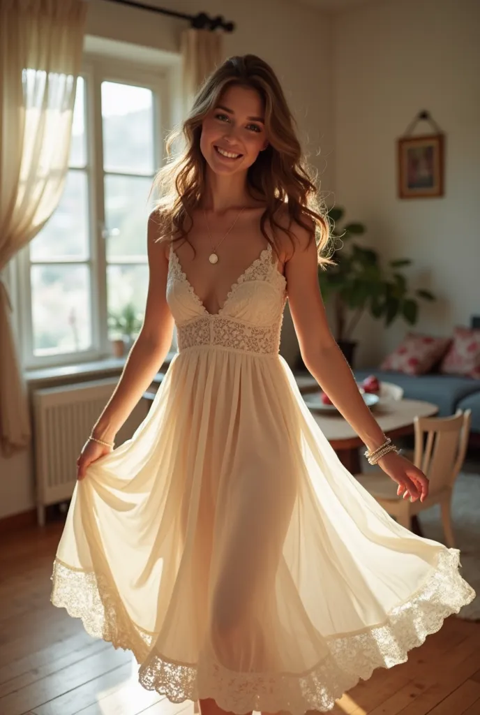 A beautiful young woman twirls gracefully in a soft, flowing dress, creating a sense of movement and elegance. The delicate fabric lifts slightly with her spin, revealing a playful hint of lace underneath. Her expression is joyful and confident, with a rad...