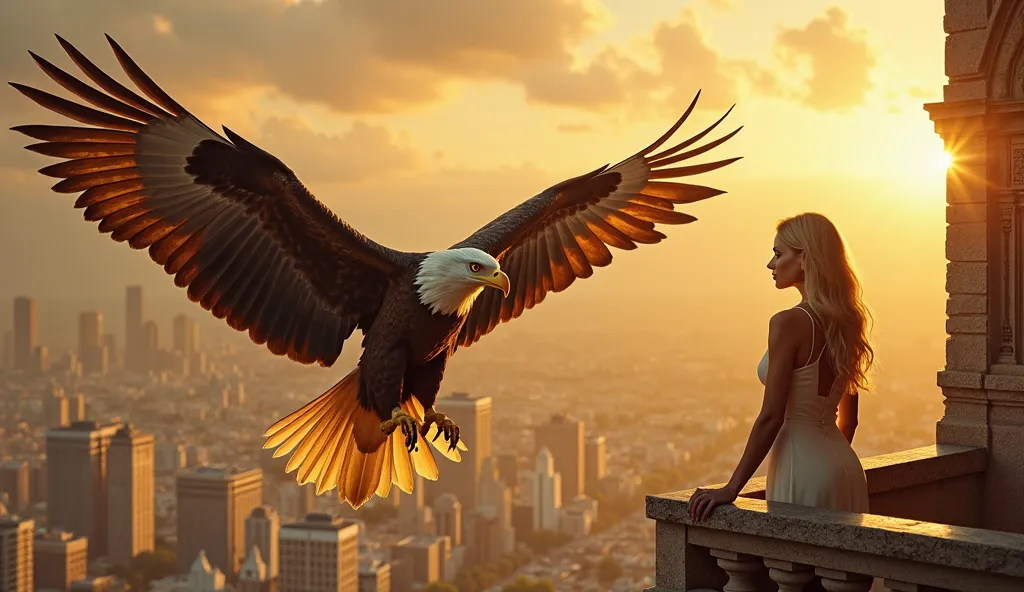 9 ️ ⇒ ULTRA-REALISTIC IMAGE of a Two-Headed Eagle flying over a golden city, as a woman with a magnetic presence watches from above a balcony, feeling your connection to power and wealth flowing into your life.  convey depth .