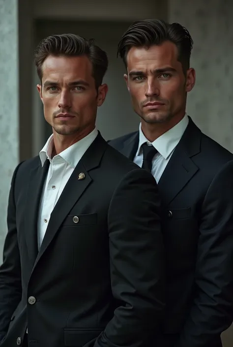 Two hot male model in business attire with dark desire