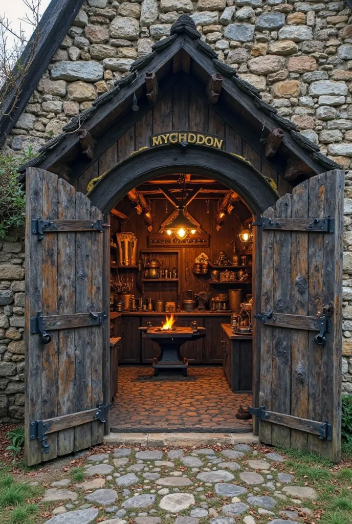 medieval blacksmith shop seen from the outside where you can see the entire structure of the building as well as the forge, the anvil and the created armor that are inside from its doors that are open, The blacksmith shop is alone on the outskirts of a cas...