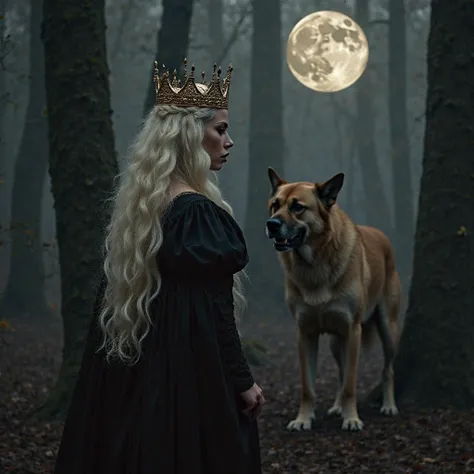 fashion editoral photo image of gray smoke and that depicts my realism A queen with long blonde hair dressed in full black with a golden crown in a dark forest next to an angry and wounded giant dog with NA BEHNAZ written on the moon