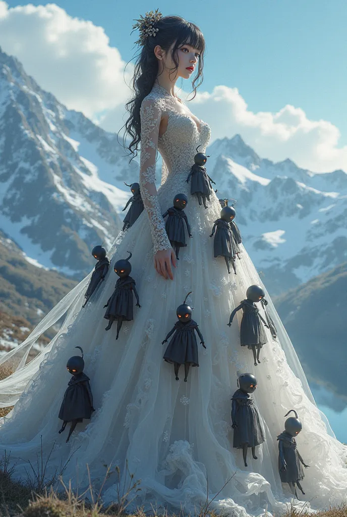 Anime girl dressed as a realistic 4k wedding dress with black dolls on the dress in front of a snowy mountain