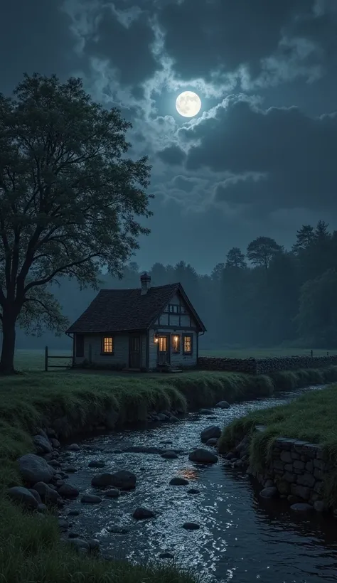 This image depicts a serene nighttime scene in a rural area. The main features include a small house with two illuminated windows, suggesting that it is occupied. The house is situated near a stone wall and a flowing river, which adds a sense of tranquilit...