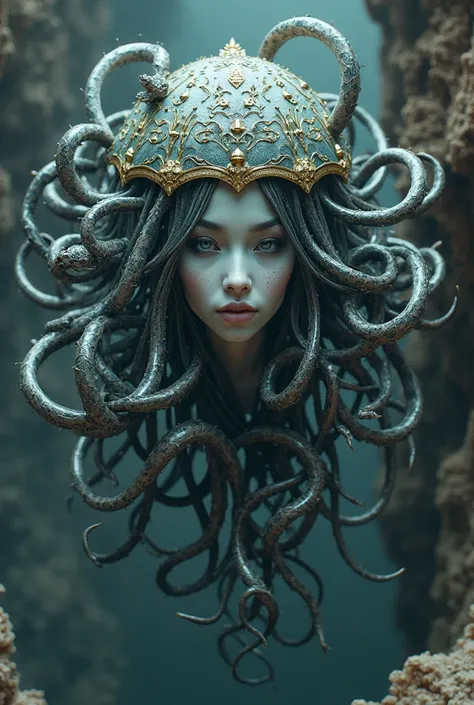 Jellyfish Head, with eight snakes with their mouths open, Medusa's face must be very beautiful with a dark rock-like style.