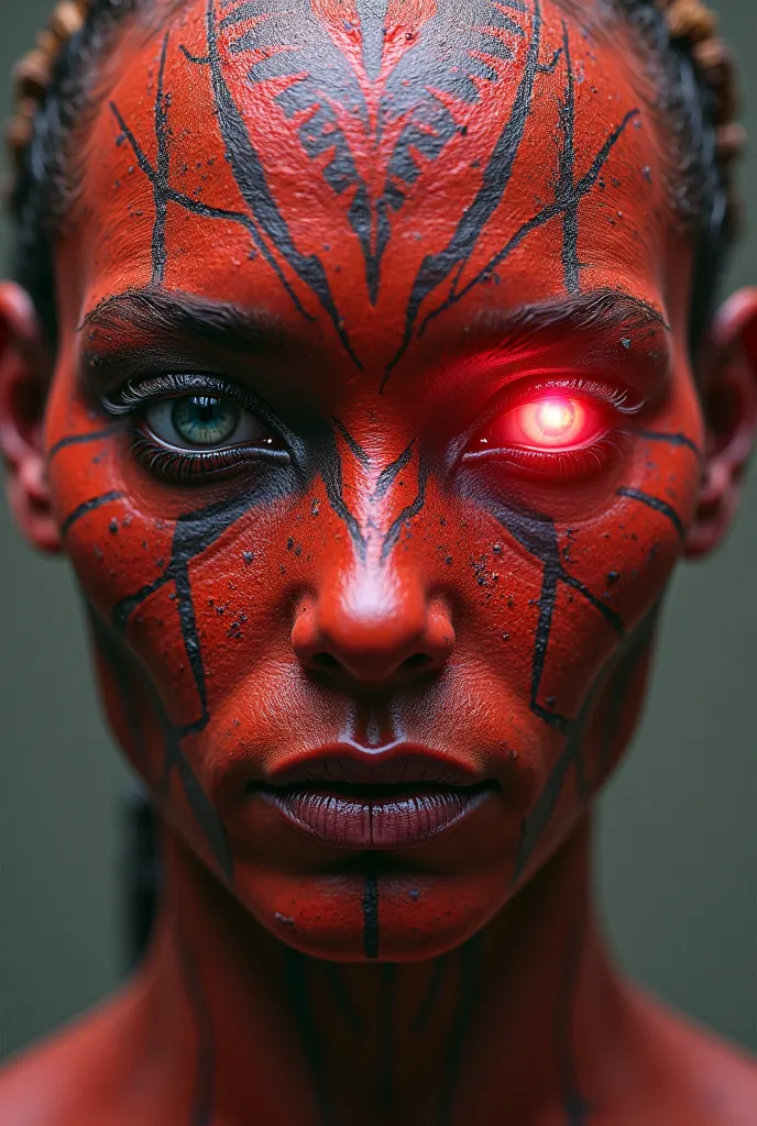 Face of a red-skinned Indian, with face paints , Like the ones in the western movies, With a bright red eye in the cyborg style