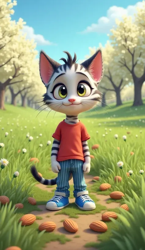 , Day time, open sky, field full of greenery, where almond trees are blooming. In the field, she is a cartoon cat with white -colored black stripes, which have large, emotional eyes. He is wearing a red T-shirt, blue striped jeans, and blue sneakers. She i...