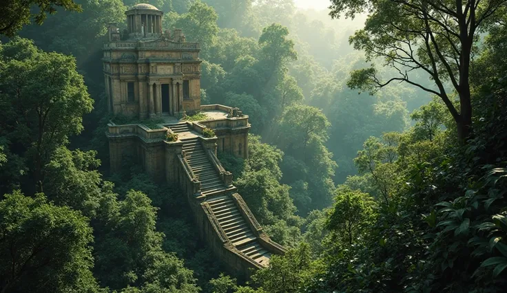 "Aerial view of a dense rainforest, with ancient ruins partially covered by vegetation. The scene should convey mystery and discovery, with sunlight filtering through the trees and an enveloping atmosphere. Include mysterious music in the background."