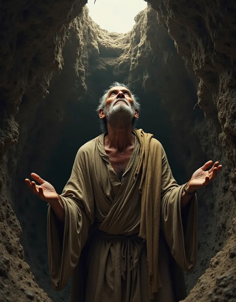 Joseph,  as a ager , wearing clothes from biblical times,  inside a hole , looking up
