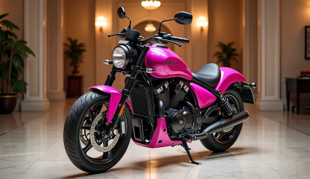 ,A luxurious and full front view,    2025 HONDA Rebel 1100 , displayed in a high-end, elegant showroom. The bike is bright pink, gleaming, and designed with a modern, premium look. It features high-quality materials and a sophisticated finish. The showroom...