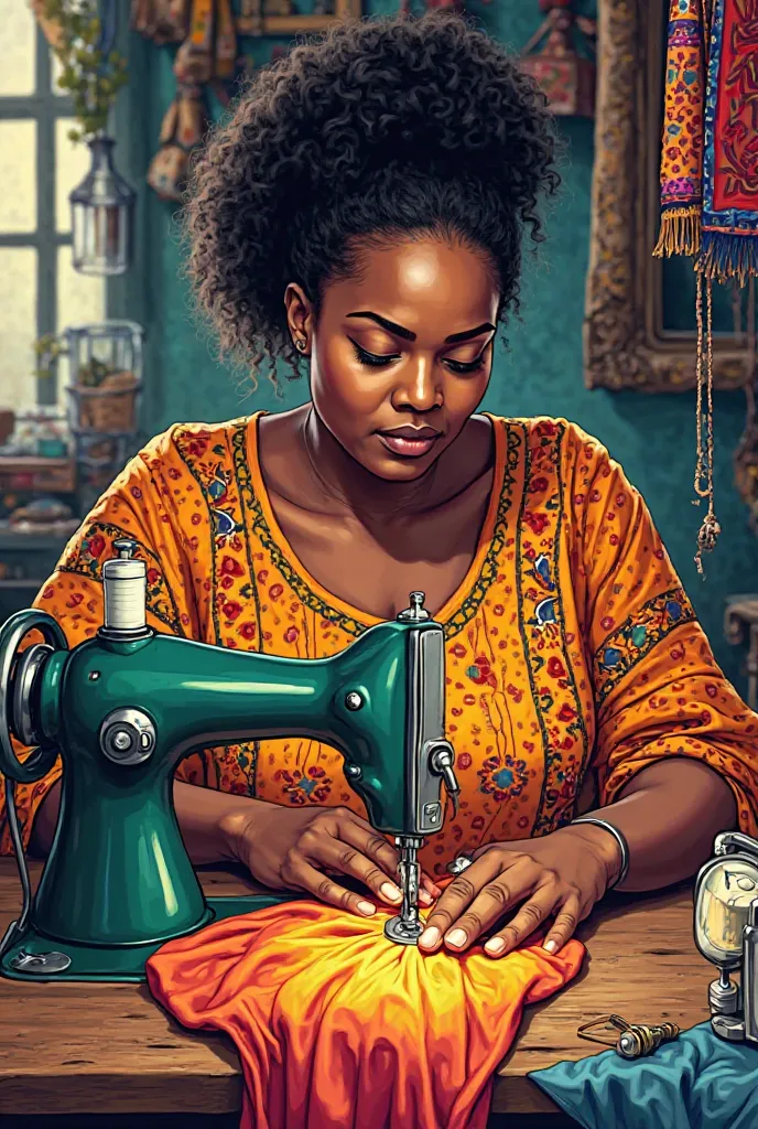 Drawing of African woman sewing clothes using sewing machine 