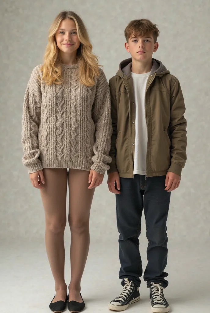 Blonde girl with medium-length hair, Corpulent and plump with sweater,   long pants , light brown tights and black ballet flats. age 22 years, height 1.65 cm and 88 kg in weight. On his right, an extremely skinny and slightly shorter, sickly looking 20-yea...