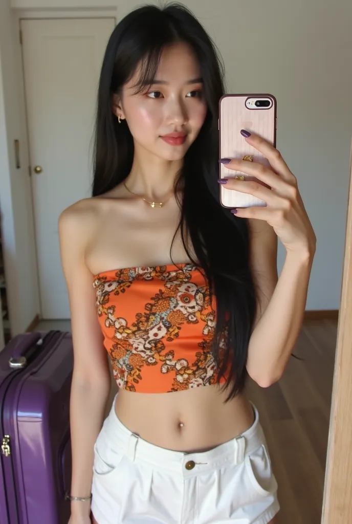  Korean woman , very long black hair  , textured and illuminated fair skin  ,lip gloss wearing a casual summer outfit she is wearing white tailoring shorts with a beige feel  ,satin top a strapless top, with a vibrant pattern that combines shades of orange...