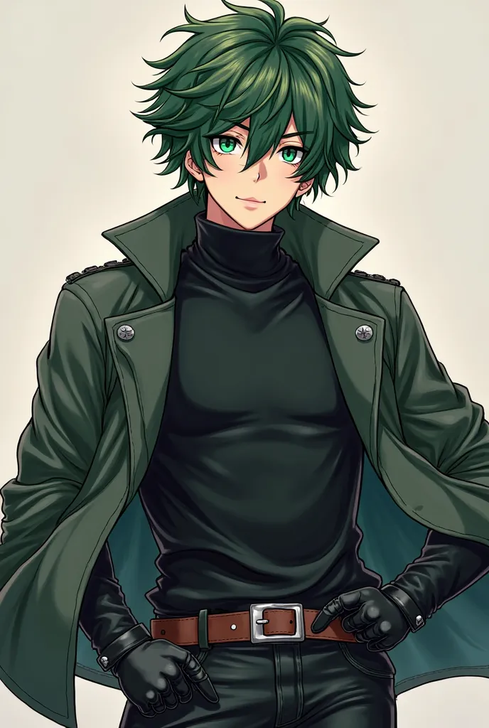 18살 smile년. man. Japanese Anime. dark green hair. sharp eyes. Hot Blood . Gyeongnam .  leather belt . leather jacket. smile. half curly. Thigh hair that covers up to the ears. Turtleneck. Leather gloves . Mercenary .