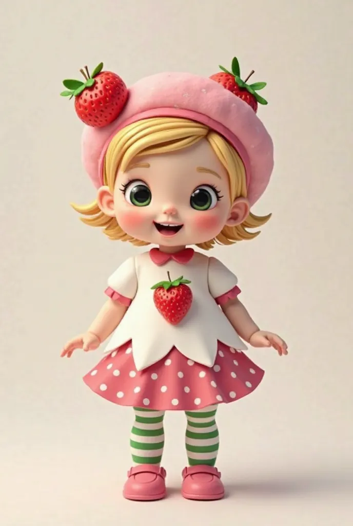 Create a mascot baby standing white skin smiling short blonde hair white dress with a Strawberry in the middle the dark pink skirt with polka dots pink shoes and green and white striped tights with pink beret hat with strawberries 