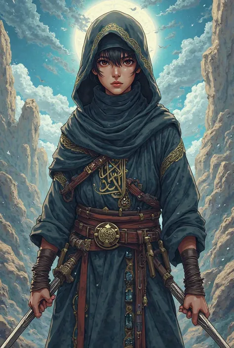 Muslim anime character with hoodie and swords 