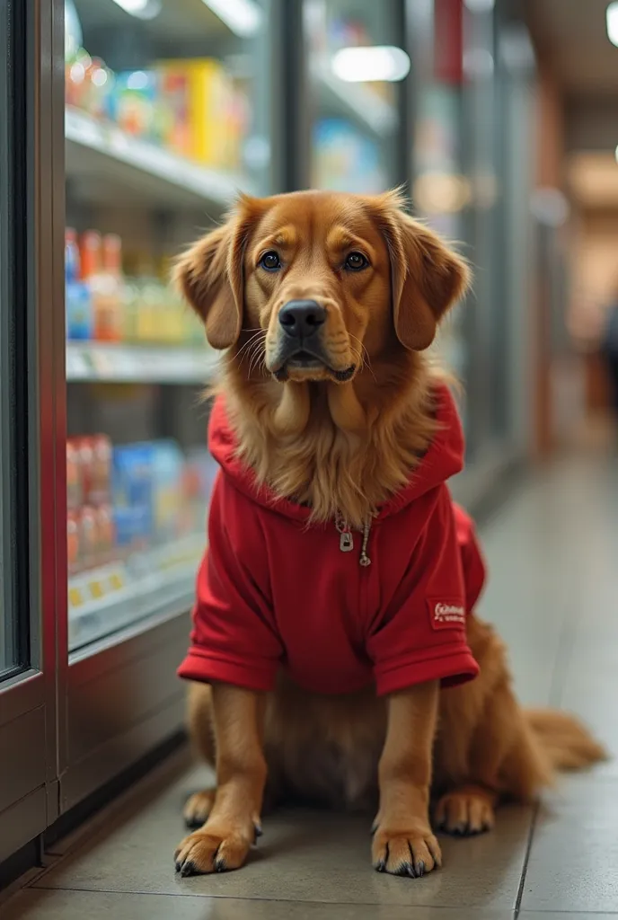 An emotional image of a brown dog wearing a red shirt, sitting next to the entrance of a supermarket. His expression reflects sadness as he waits patiently, as if hoping that someone will return. The scene captures a moment full of melancholy and loyalty, ...