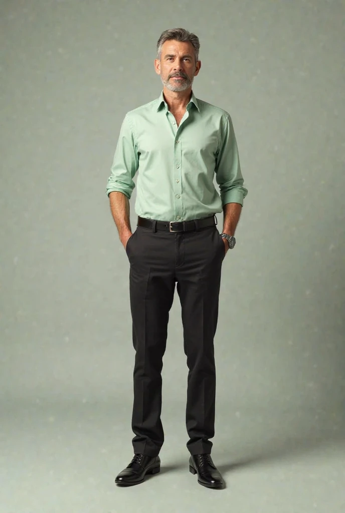 Man in light green dress shirt and black pants 