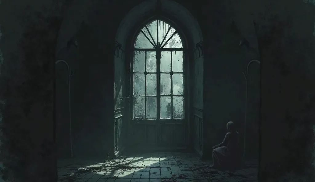 illustration, dark gothic style, window, colors from light black to dark black