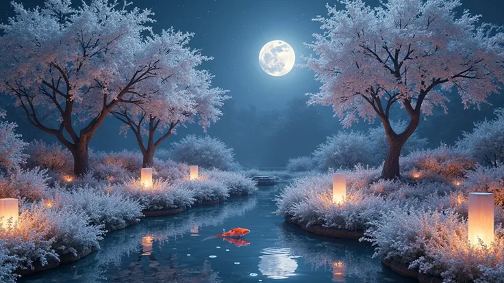 The Moonlit Garden of Tranquil Blossoms
A sprawling garden bathed in the soft, silvery glow of a full moon, casting long, gentle shadows across a sea of white and pale pink blossoms. The flowers seem to glow faintly, illuminated by the moonlight, their pet...