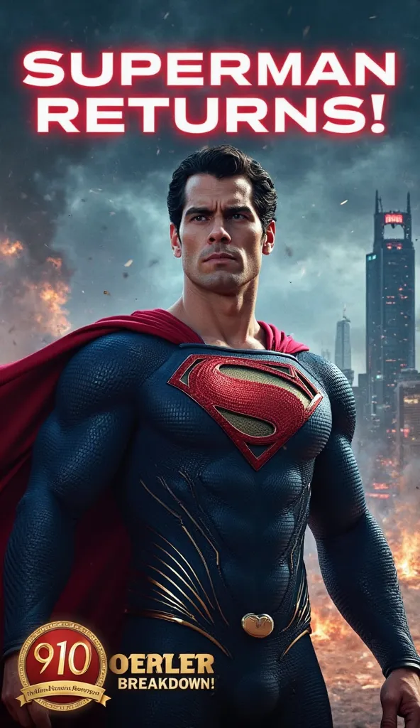 A dramatic, cinematic close-up of Superman in his new Superman: Legacy suit, standing heroically against a stormy Metropolis skyline. His cape flows in the wind, and his eyes glow faintly with red heat vision energy. Behind him, the city is partially destr...