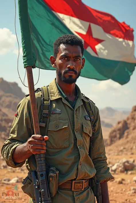 Somali soldier standing with somalia flag and fierce face