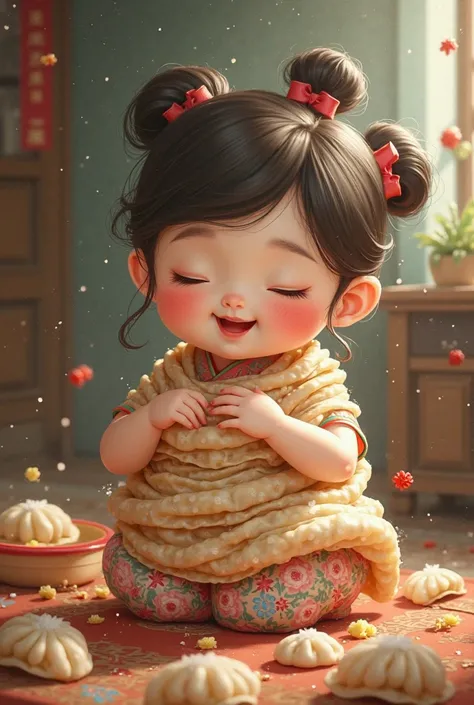 A chubby Chinese girl in a vintage Chinese dress is wrapping herself in dumplings