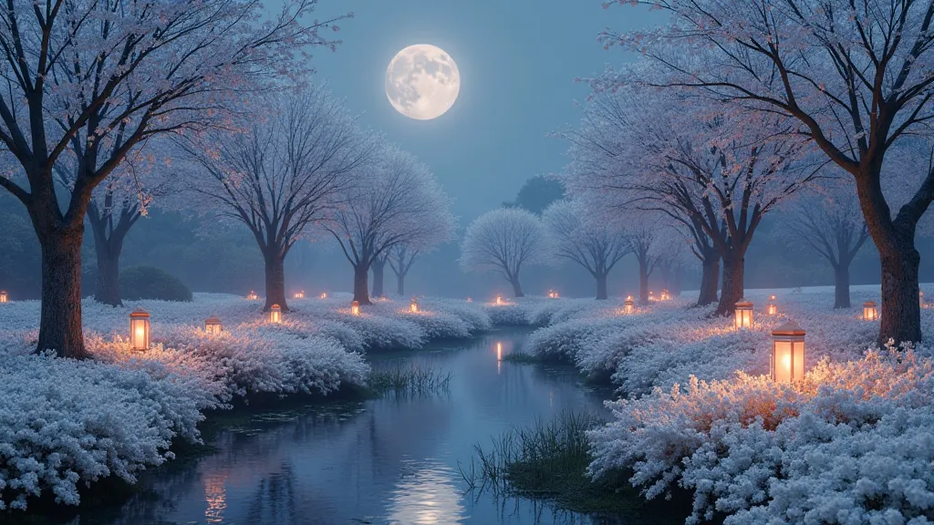 The Moonlit Garden of Tranquil Blossoms
A sprawling garden bathed in the soft, silvery glow of a full moon, casting long, gentle shadows across a sea of white and pale pink blossoms. The flowers seem to glow faintly, illuminated by the moonlight, their pet...