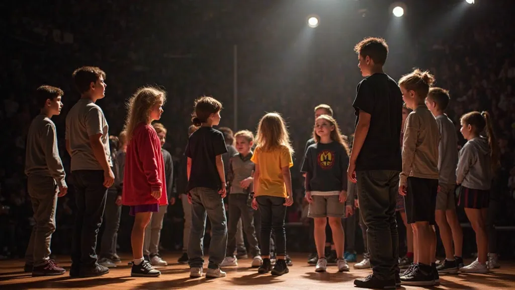 A group of students practicing a play on a stage, with some of them dressed in costumes. The scene captures a sense of teamwork and fun, with bright stage lights casting a glow on the performers. There's a mix of excitement and focus, representing the ener...