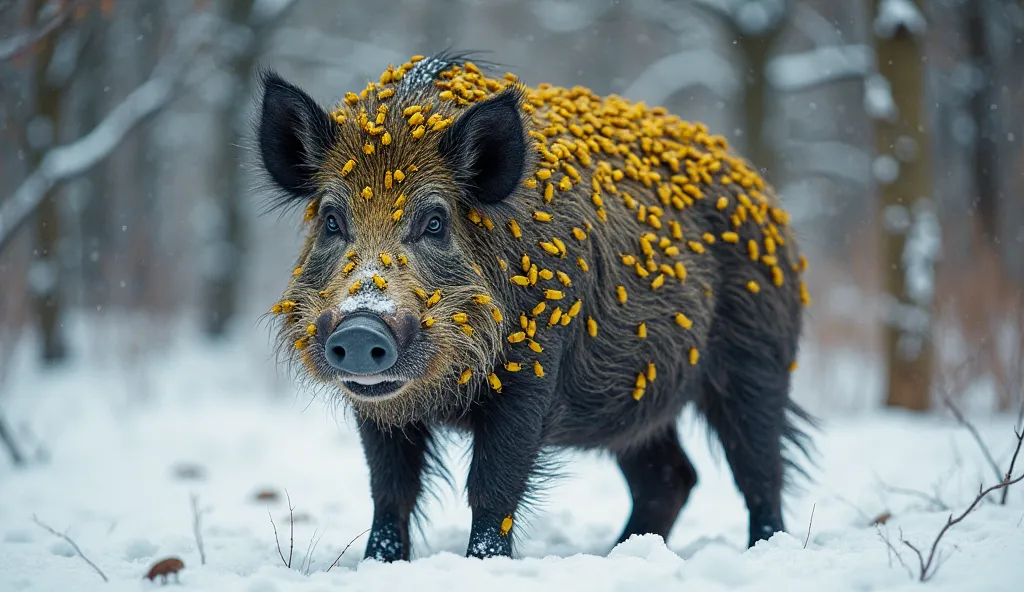 "A large, old wild boar standing in a snowy winter landscape, its thick fur matted and covered entirely in crawling yellow beetles. The boar's eyes are weary, and its body looks rugged and battle-worn, with scars visible beneath the insects. The contrast b...