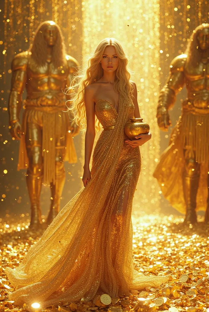 A beautiful woman of pure gold with big hair giants of pure gold walking on a river of gold coins raining thousands and millions of gold coins with a gold vase in her hand 